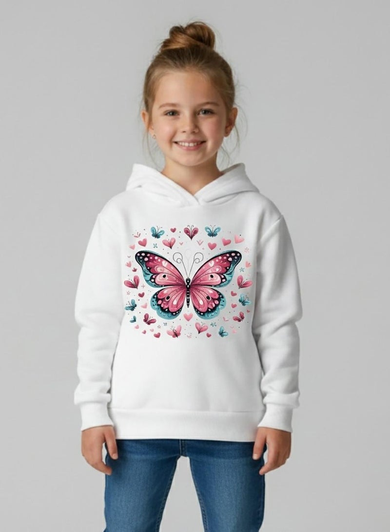 babyqlo Girls White Butterfly Print Winter Fleece Hoodie - Image 1