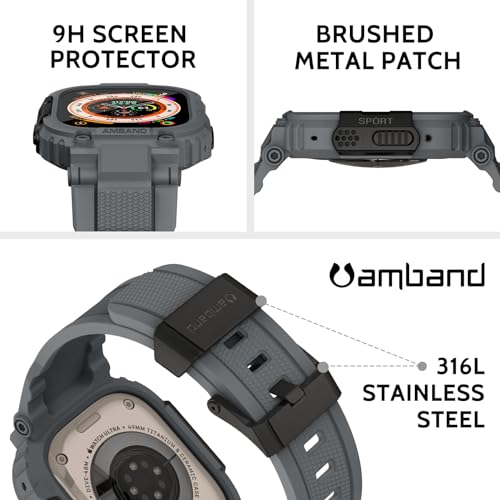 amBand Bands Case Screen Protector Compatible with Apple Watch Ultra 3/2/1 49mm, M1 Sport Series Rugged Cover Strap and 9H Tempered Glass Film, Protective Bumper for iWatch 49 mm Men Gray - Image 3