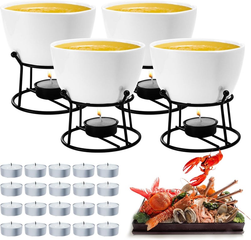 PathVenture 4 Pieces Butter Warmers,380ml Large Butter Warmer for Seafood Cheese,with 20 Pieces Tealight Candles Set for Melting Butter Chocolate Birthday Anniversary Christmas-White - Image 1