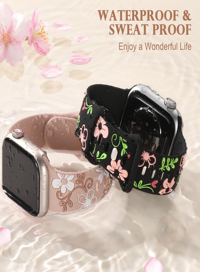 Witzon Floral Band Compatible with Apple Watch Bands For Women 40mm 41mm 38mm 42mm 44mm 45mm 46mm 49mm, Engraved Cute Flower Soft Silicone Strap for iWatch Series 11 10 9 8 7 6 5 4 3 2 1 SE Ultra - Image 4