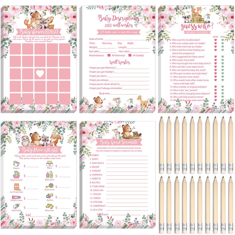 Leinuosen 145 Pieces Woodland Baby Shower Game Floral Forest Animals 5 Games Set Funny Activities with 20 Pencils for Kids Include Baby Descriptions and Wishes Guess Who Bingo Gift