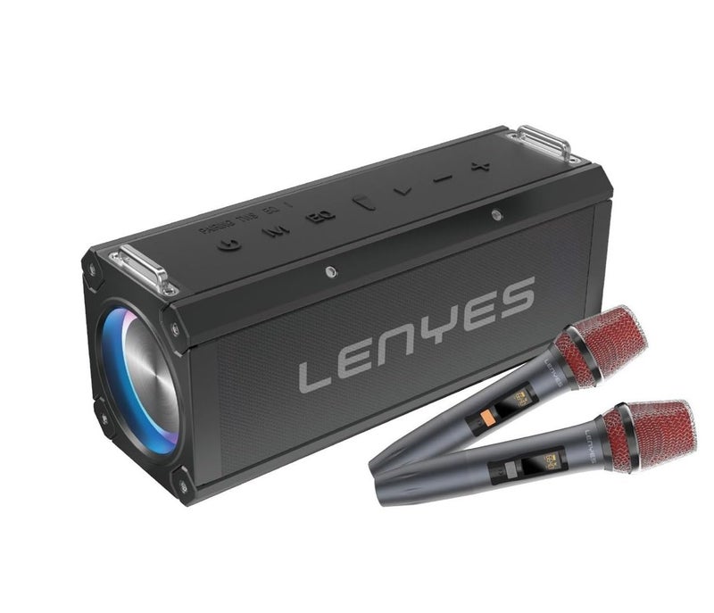 Lenyes S828 Bluetooth Party Speaker | 120W Output | Dual Wireless Rechargeable Mics | 16000mAh Battery | RGB LEDs | Bluetooth 5.3 | TWS Mode | USB/TF/AUX/FM | Remote Control (Black) - Image 1