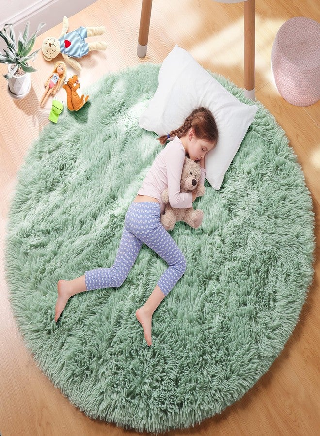 PAGISOFE Sage Green Round Rugs for Boys Bedroom,Shaggy Circle Rug 5Ft for Kids Room,Fluffy Carpet for Classroom Shag Circular Rug for Nursery,Fuzzy Plush Rugs for Teen Dorm,Cute Baby Room Decor - Image 1