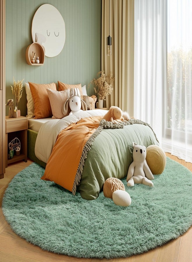 PAGISOFE Sage Green Round Rugs for Boys Bedroom,Shaggy Circle Rug 5Ft for Kids Room,Fluffy Carpet for Classroom Shag Circular Rug for Nursery,Fuzzy Plush Rugs for Teen Dorm,Cute Baby Room Decor - Image 5