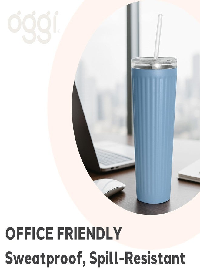 Oggi 24oz Vacuum Insulated Fluted Tumbler with Straw - Stainless Steel Travel Coffee Mug, Cute Adult Sippy Cup with Lid - Hot & Cold Beverage Gift, Car Cup Holder Friendly, Taupe - Image 4