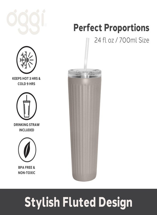 Oggi 24oz Vacuum Insulated Fluted Tumbler with Straw - Stainless Steel Travel Coffee Mug, Cute Adult Sippy Cup with Lid - Hot & Cold Beverage Gift, Car Cup Holder Friendly, Taupe - Image 2