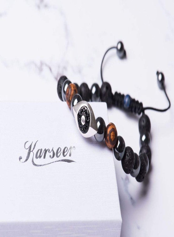 Karseer Vintage Silver and Black Plated Hamsa Evil Eye Reiki Bracelet Natural Hematite Agate Dzi Lava Rock Lapis Lazuli Beaded Macrame Adjustable Diffuser Bracelet - Image 5