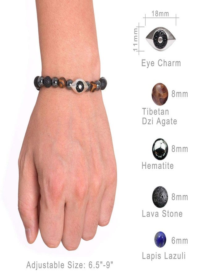 Karseer Vintage Silver and Black Plated Hamsa Evil Eye Reiki Bracelet Natural Hematite Agate Dzi Lava Rock Lapis Lazuli Beaded Macrame Adjustable Diffuser Bracelet - Image 2