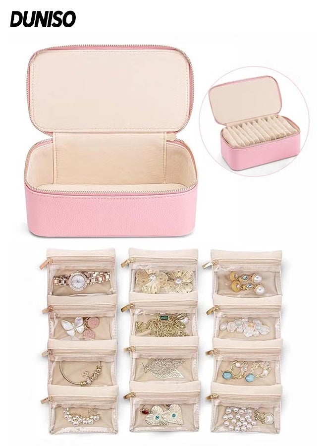 DUNISO Jewelry Box Organzier for Travel,Jewelry Organizer with 12 Pcs Velvet Jewelry Bags,Travel Leather Jewelry Case,Anti-Fouling and Anti-Dust,Suitable for Storing Necklaces, Bracelets, Earrings, Rings,21.5*11.5*8.5cm - Image 1