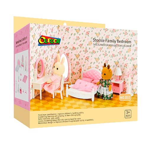 OLEOCA Family Dollhouse Bedroom Set Bed Pillows Bedspread Vanity with Mirror Nightstand Floor Mirror Chair Lamp Coat Rack Hangers Dollhouse Furniture Accessories for Ages 3 - Image 5