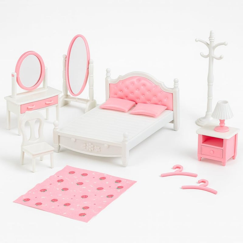 OLEOCA Family Dollhouse Bedroom Set Bed Pillows Bedspread Vanity with Mirror Nightstand Floor Mirror Chair Lamp Coat Rack Hangers Dollhouse Furniture Accessories for Ages 3 - Image 3