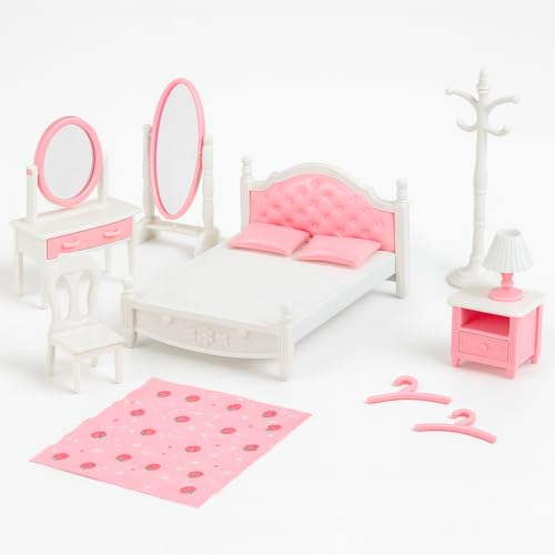 OLEOCA Family Dollhouse Bedroom Set Bed Pillows Bedspread Vanity with Mirror Nightstand Floor Mirror Chair Lamp Coat Rack Hangers Dollhouse Furniture Accessories for Ages 3 - Image 1