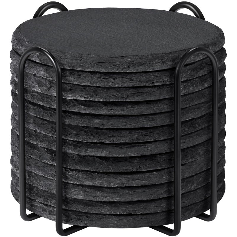 Slate Coasters with Holder MAPRIAL 4 Inch Coaster Set of 12 Round Black Slate Stone DIY Coasters with AntiScratch Backing for Halloween Christmas Bar Kitchen Home Decor Gifts for Mom Dad