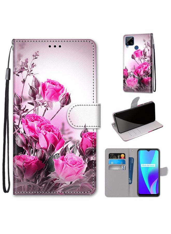 HuHa Case Cover For Realme C15 / C12 / C25 / 7i Global / Narzo 20 / 30A Coloured Drawing Cross Texture Horizontal Flip PU Leather Case with Holder & Card Slots & Wallet & Lanyard Wild Rose 