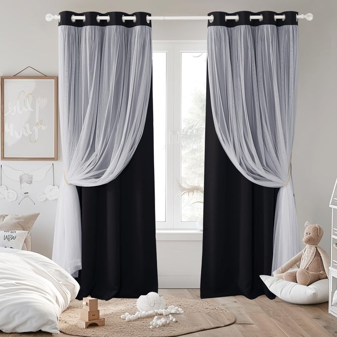 BLACK BLACKOUT CURTAINS FOR LIVING BEDROOM WITH WHITE SHEER OVERLAY LIGHT BLOCKING DRAPES FOR KIDS ROOM DARKENING WITH TIEBACKS CORTINAS PARA SALA MODERNAS 52X84 INCHES BLACK 2 PIECES