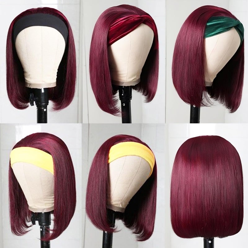 AISI Bob Headband Wig Human Hair 99J Burgundy Headband Glueless Wig Short Straight Bob Wigs for Black Women Human Hair Pre Plucked Natural Hairline Wine Red 10 Inch - Image 2