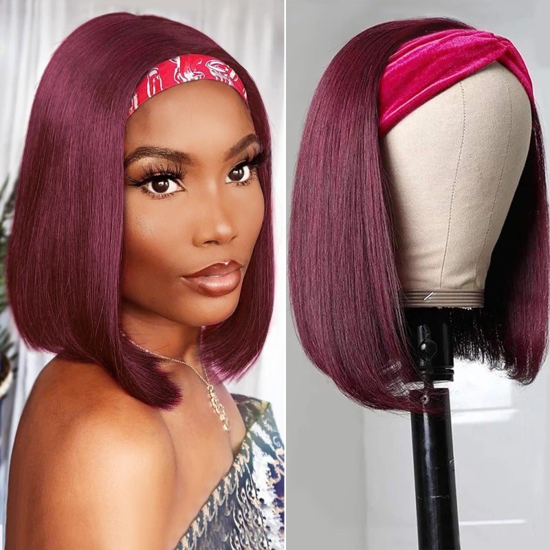 AISI Bob Headband Wig Human Hair 99J Burgundy Headband Glueless Wig Short Straight Bob Wigs for Black Women Human Hair Pre Plucked Natural Hairline Wine Red 10 Inch - Image 1