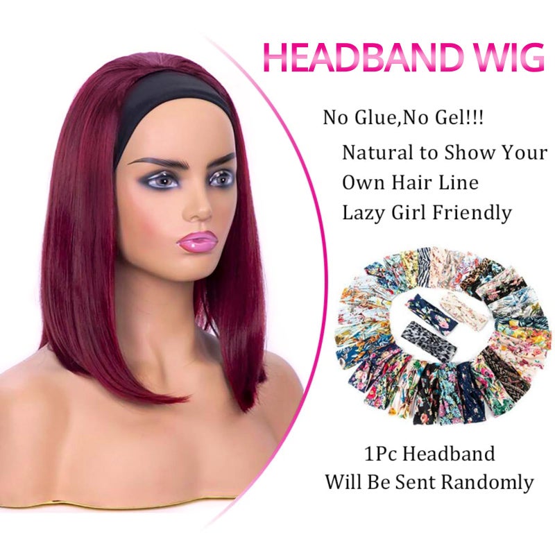 AISI Bob Headband Wig Human Hair 99J Burgundy Headband Glueless Wig Short Straight Bob Wigs for Black Women Human Hair Pre Plucked Natural Hairline Wine Red 10 Inch - Image 5