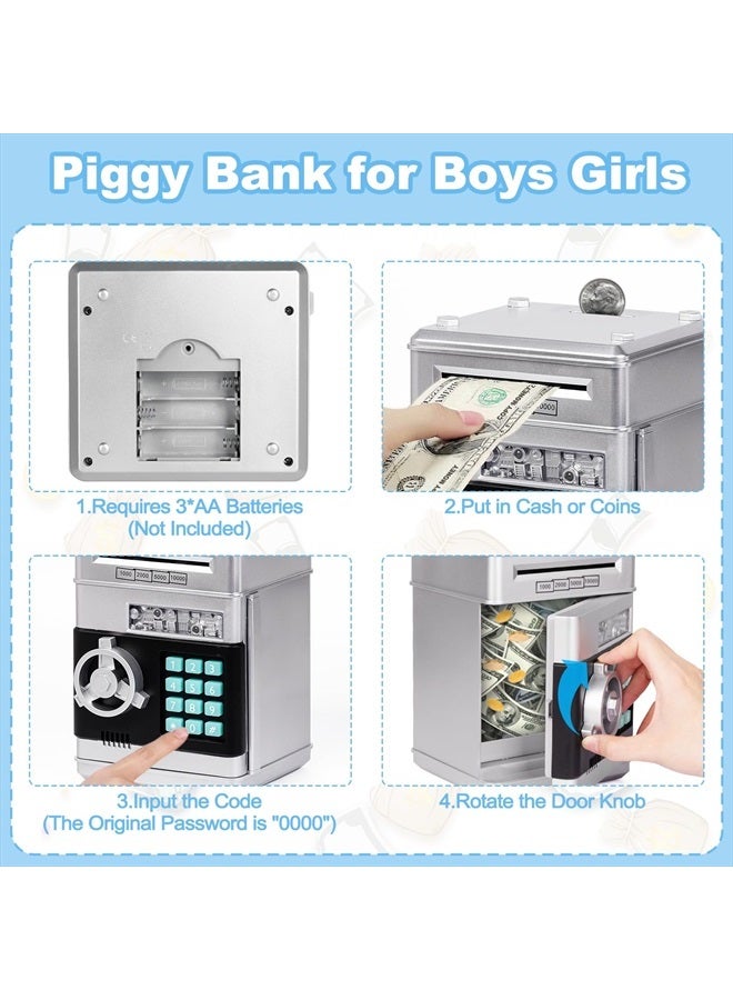 Refasy Kids Piggy Bank,Kids Safe Piggy Bank for Girls Money Saving Box Kids Toys Password Cash Coin Can ATM Bank for Children Great Christmas Birthday Gift Toy for Kids Silver - Image 4