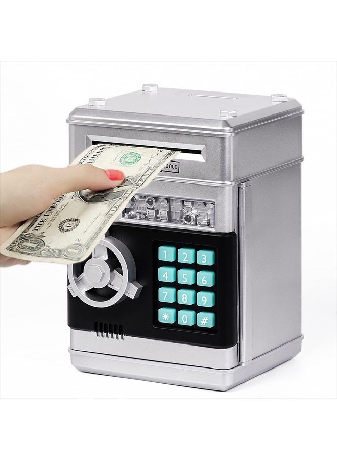Refasy Kids Piggy Bank,Kids Safe Piggy Bank for Girls Money Saving Box Kids Toys Password Cash Coin Can ATM Bank for Children Great Christmas Birthday Gift Toy for Kids Silver - Image 1