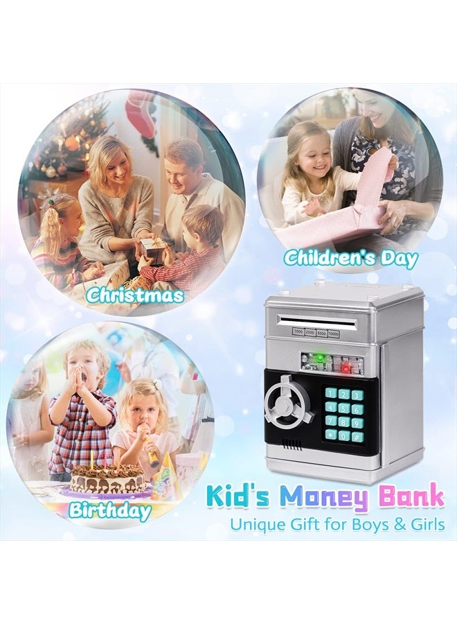 Refasy Kids Piggy Bank,Kids Safe Piggy Bank for Girls Money Saving Box Kids Toys Password Cash Coin Can ATM Bank for Children Great Christmas Birthday Gift Toy for Kids Silver - Image 5