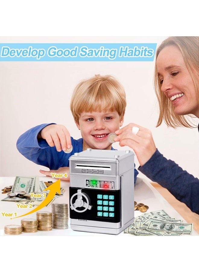 Refasy Kids Piggy Bank,Kids Safe Piggy Bank for Girls Money Saving Box Kids Toys Password Cash Coin Can ATM Bank for Children Great Christmas Birthday Gift Toy for Kids Silver - Image 2
