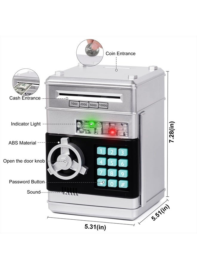 Refasy Kids Piggy Bank,Kids Safe Piggy Bank for Girls Money Saving Box Kids Toys Password Cash Coin Can ATM Bank for Children Great Christmas Birthday Gift Toy for Kids Silver - Image 3