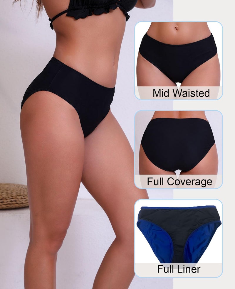 Halcurt Women's Mid Waisted Bikini Swimsuit Bottoms Full Coverage Swim Bottoms Black S - Image 4