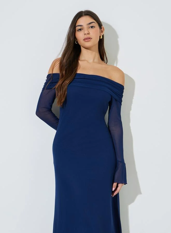 Styli Navy Blue Solid Off Shoulder Neck Mesh Bodycon Maxi Dress