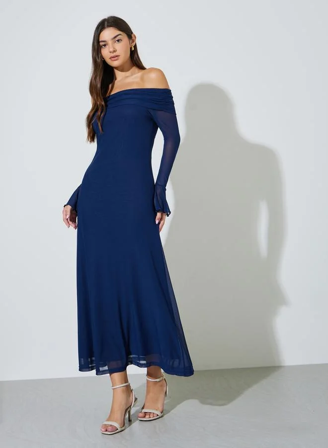 Navy Blue Solid Off Shoulder Neck Mesh Bodycon Maxi Dress