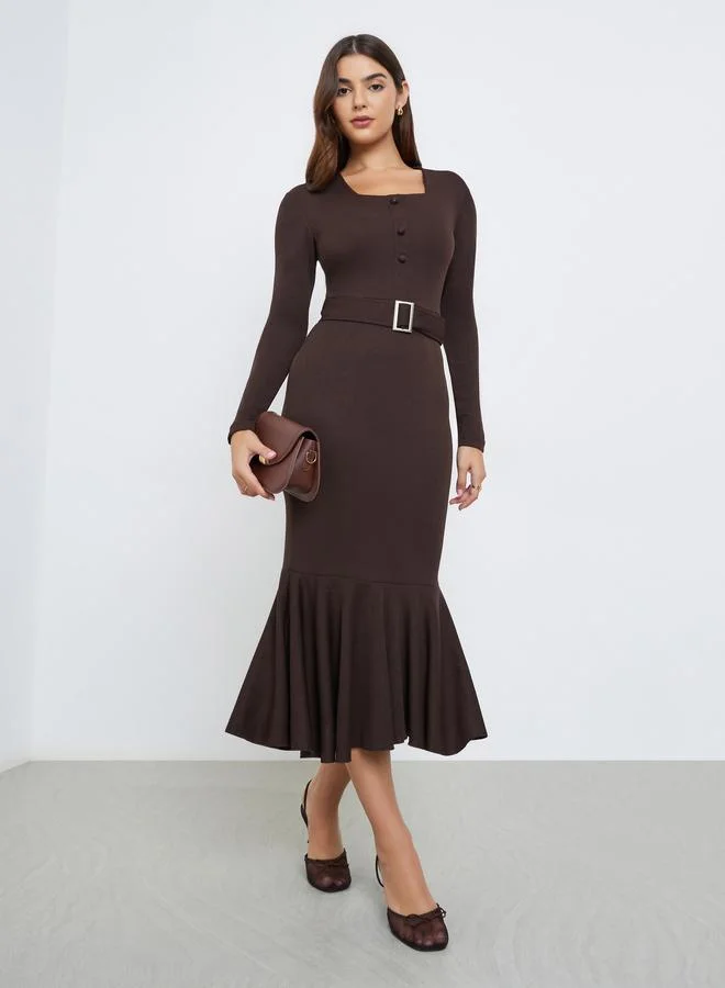 Styli Brown Mermaid Hem Belted Midi Dress