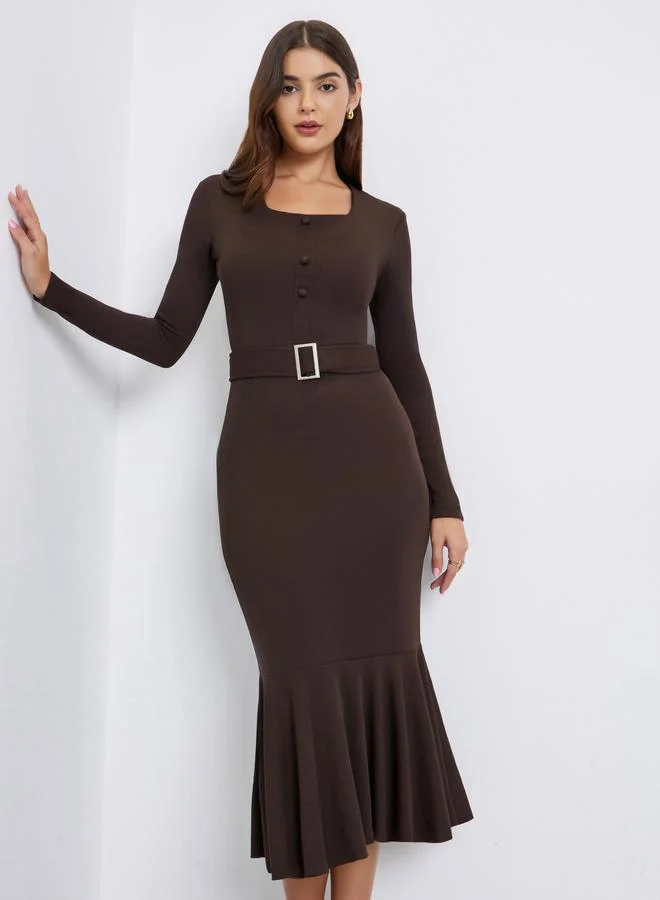 Brown Mermaid Hem Belted Midi Dress