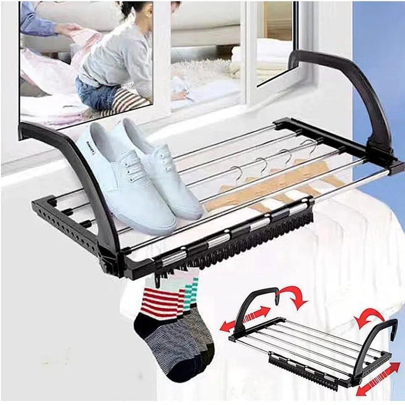 Cheet enterprise Stainless Steel Foldable Cloth Drying Rack Rail Bar Holder Cloth Multipurpose Dryer Stand Shoe Socks Towel Hanging Clothes Drying Rack for Balcony Windows Adjustable Cloth Hanger - Image 5