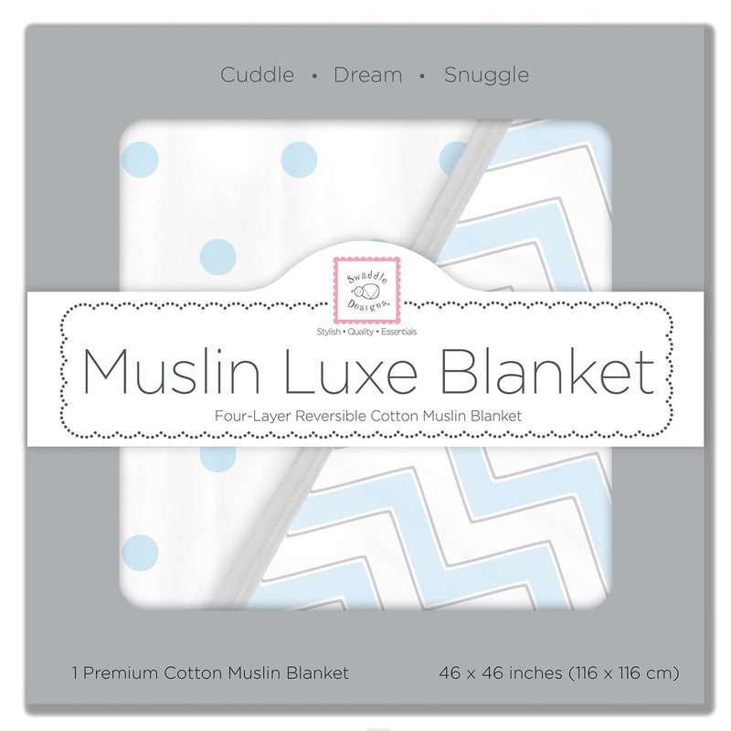SwaddleDesigns 4-Layer Cotton Muslin Luxe Blanket, Baby and Toddler Cuddle and Dream, 46x46 inches, Pastel Blue Chevron and Dots - Image 2
