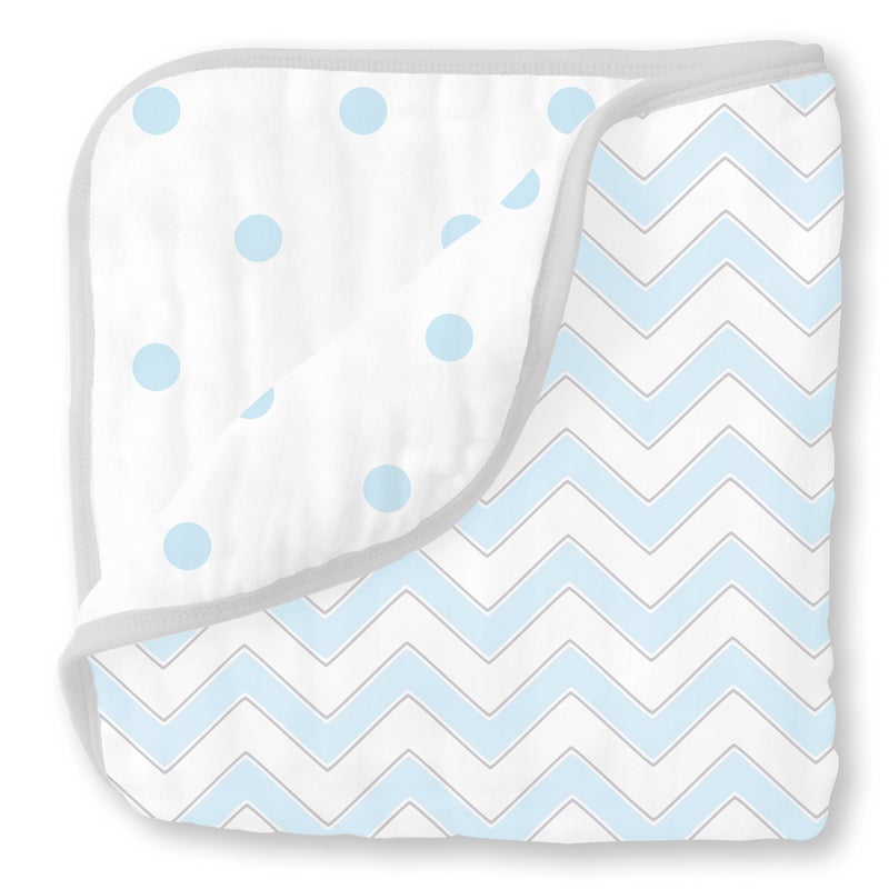 SwaddleDesigns 4-Layer Cotton Muslin Luxe Blanket, Baby and Toddler Cuddle and Dream, 46x46 inches, Pastel Blue Chevron and Dots - Image 1