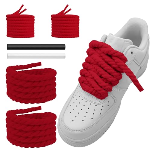 NDTEZUGT 13/32''(1cm) Thick Rope Shoe Laces Strings for Shoes, Round Cotton Chunky Shoelaces Replacement Laces for Sneakers (Red-02, 54''/140cm) - Image 1