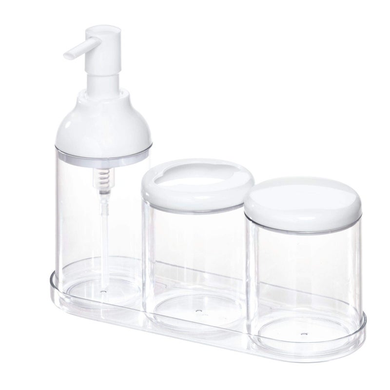 InterDesign iDesign Liquid Bathroom Plastic 4Piece Set Sink Caddy with Soap Dispenser Toothbrush Holder Pot with Lid and Organiser Tray WhiteClear 224 cm x 81 cm x 198 cm
