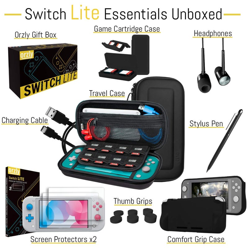 Orzly Switch Lite Accessories Bundle - Case & Screen Protector for Nintendo Switch Lite Console, USB Cable, Games Holder, Comfort Grip Case, Headphones, Thumb-Grip Pack & More ( Gift Pack) - Image 3