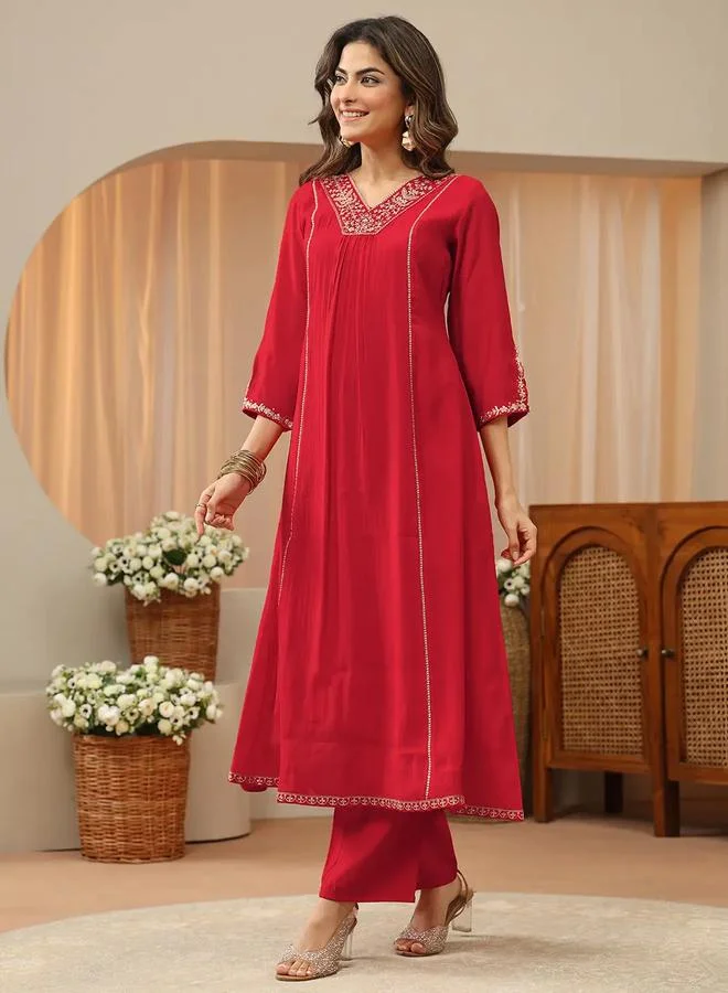 Libas Red Embellished And Sequined Silk Blend A-Line Kurta, Straight Pants And Dupatta Set