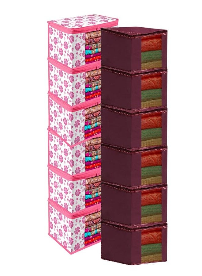 EasyGoods® Saree Covers with Zip for Storage, Maroon And Pink FlowerDesign, Storage Organizer For Saree, Wardrobe Organiser, (45L x 35W x 22H CM) (Pack of 12)