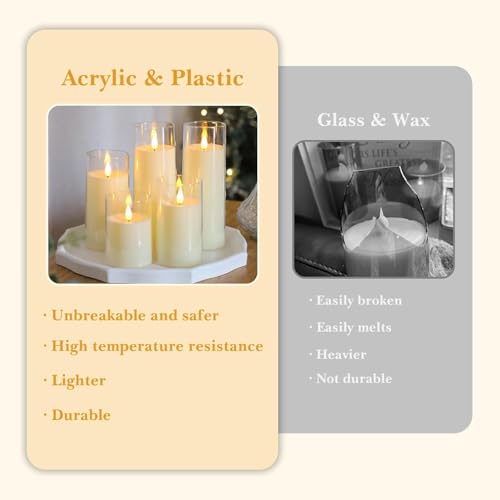 coku Set of 5 Flameless LED Pillar Candles with Acrylic Glass Holders, Realistic Flickering Moving Flame, Battery Operated, Smokeless Safe Decorative Candles Gift for Home, Wedding, Diwali, Christmas - Image 2