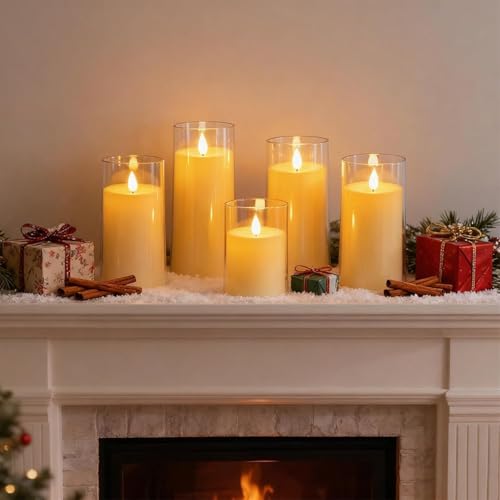 coku Set of 5 Flameless LED Pillar Candles with Acrylic Glass Holders, Realistic Flickering Moving Flame, Battery Operated, Smokeless Safe Decorative Candles Gift for Home, Wedding, Diwali, Christmas - Image 3