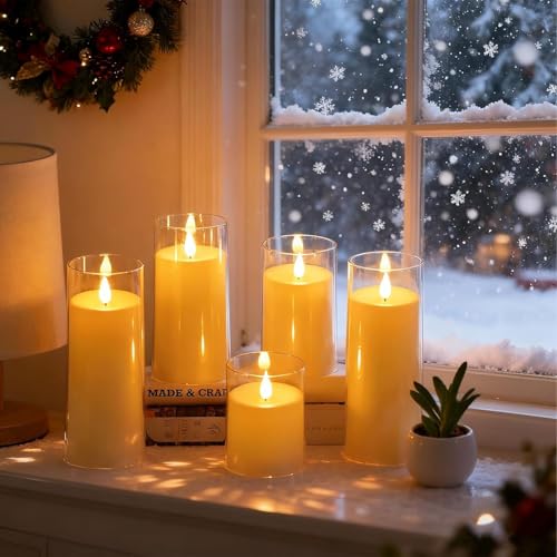 coku Set of 5 Flameless LED Pillar Candles with Acrylic Glass Holders, Realistic Flickering Moving Flame, Battery Operated, Smokeless Safe Decorative Candles Gift for Home, Wedding, Diwali, Christmas - Image 4