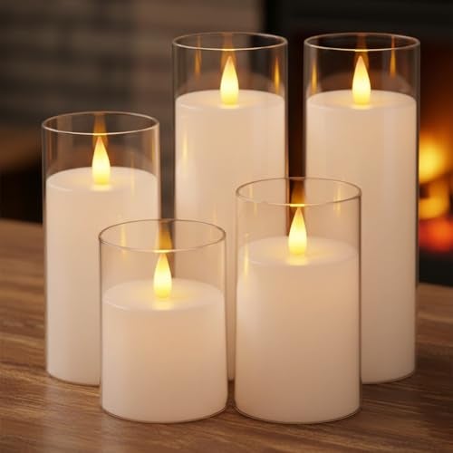 coku Set of 5 Flameless LED Pillar Candles with Acrylic Glass Holders, Realistic Flickering Moving Flame, Battery Operated, Smokeless Safe Decorative Candles Gift for Home, Wedding, Diwali, Christmas - Image 1