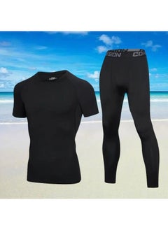 Generic Body Swimsuit Men's Swimming Trunks Long Summer Quick-drying Sunscreen Long Sleeve Trousers Split Hot Spring Beach Surfing Snorkeling Factory-Color:❥☆#∝〃★Cx All Black Short Sleeves + Black Tight Trousers☆❥-Size:❥☆Xl [ 70-80kg ]☆❥  - Image 1