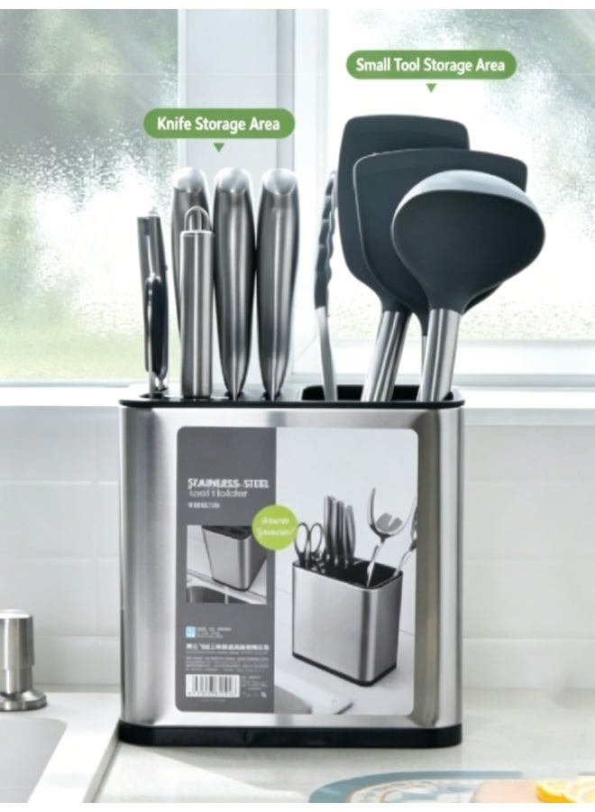 CityRiya-Long Multi Functional Stainless Steel Kitchen Knife Holder, Partition Design Utensils Storage Rack, Stable Anti-Slip Countertop Cutlery Organizer for Knives Spoons Scissors Kitchen Gadgets (H2750) - Image 4