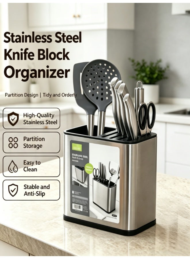 CityRiya-Long Multi Functional Stainless Steel Kitchen Knife Holder, Partition Design Utensils Storage Rack, Stable Anti-Slip Countertop Cutlery Organizer for Knives Spoons Scissors Kitchen Gadgets (H2750) - Image 1