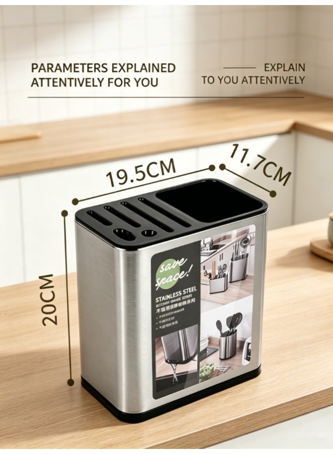 CityRiya-Long Multi Functional Stainless Steel Kitchen Knife Holder, Partition Design Utensils Storage Rack, Stable Anti-Slip Countertop Cutlery Organizer for Knives Spoons Scissors Kitchen Gadgets (H2750) - Image 3