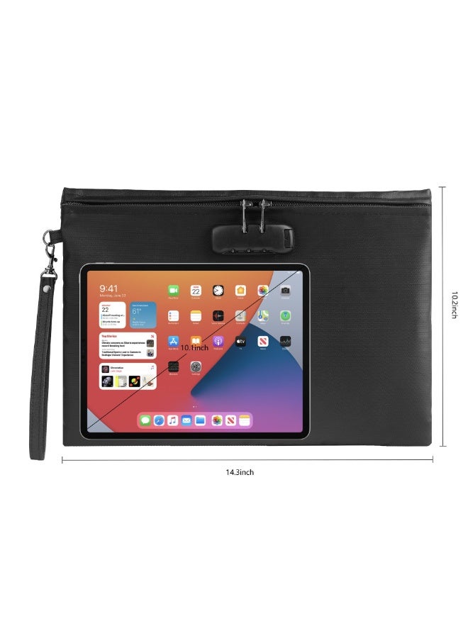 Fireproof Waterproof Document Bag with Lock, 14.3x10.2 Inch Black Storage Pouch for A4 Documents, Cash, Tablet, Cards, Passport - Image 2