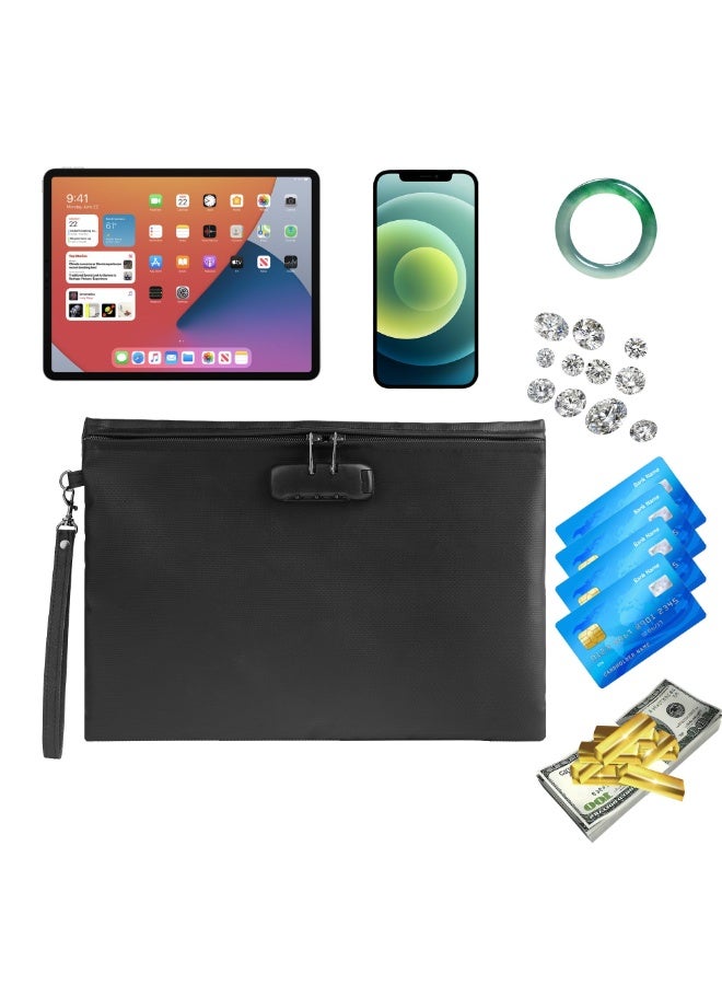 Fireproof Waterproof Document Bag with Lock, 14.3x10.2 Inch Black Storage Pouch for A4 Documents, Cash, Tablet, Cards, Passport - Image 3